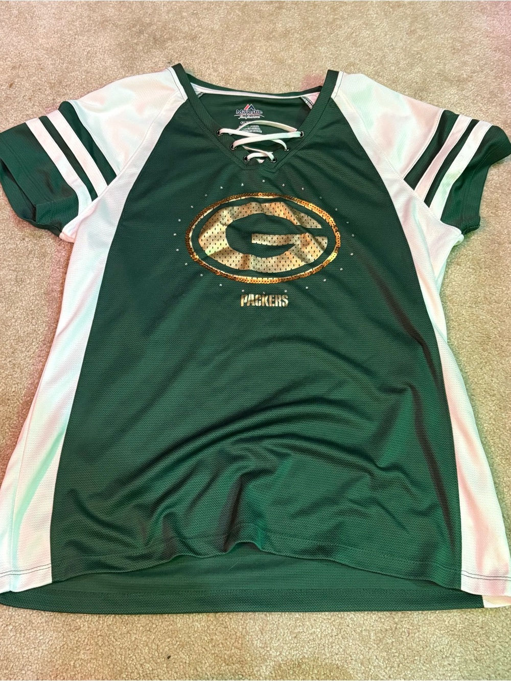 Majestic Green and White Lace-Up Packers Short Sleeve Tee